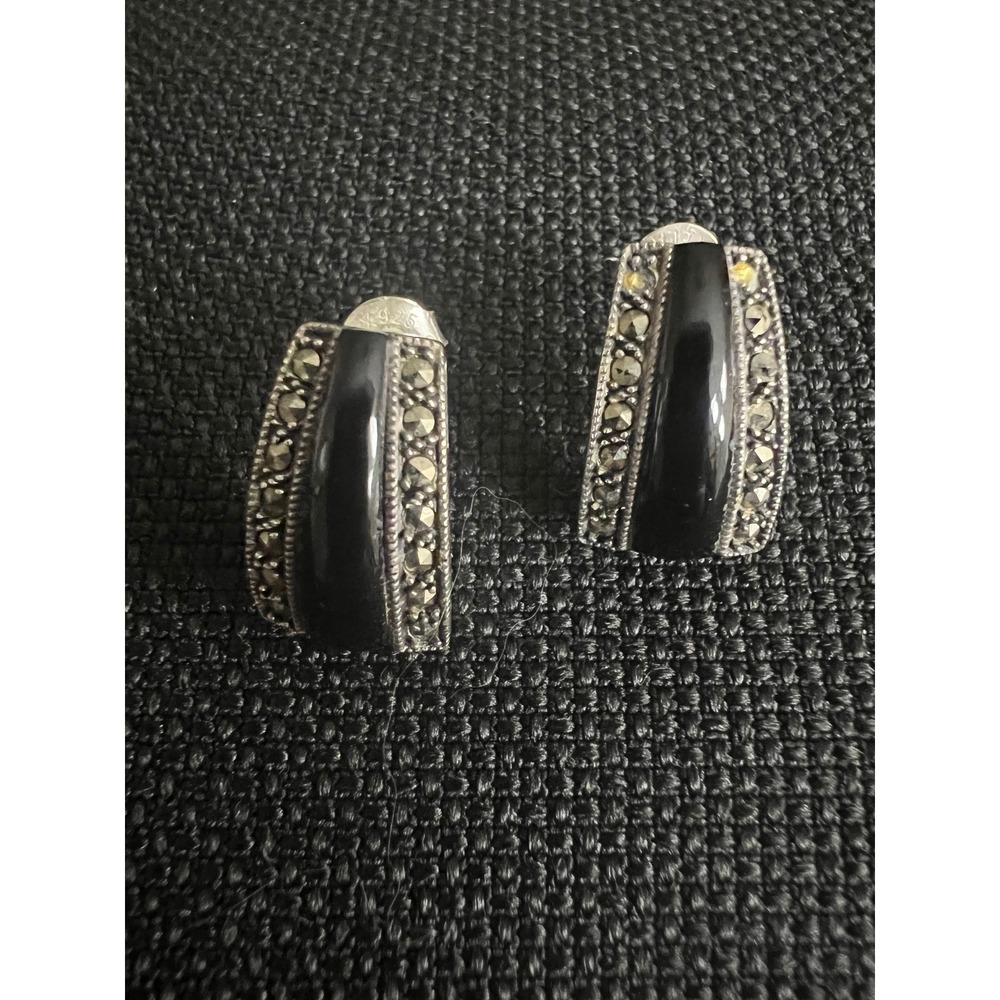 Vintage 925 Sterling Silver Black Marcasite J-Hoop Post Earrings 0.75"